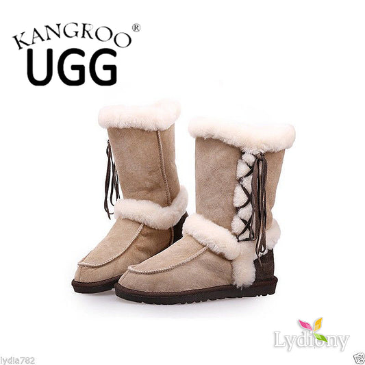 Kangroo® UGG D3101 Sand Color Lady Lace Sheepskin Boots Outdoor Winter Warm Shoes